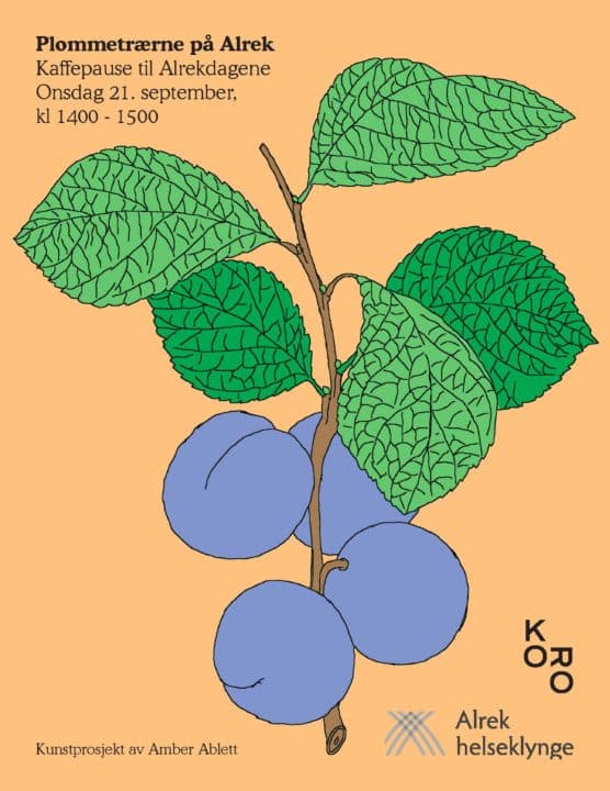 illustrasjon med blå plommer på oransje bakgrunn. En kvist med blader 