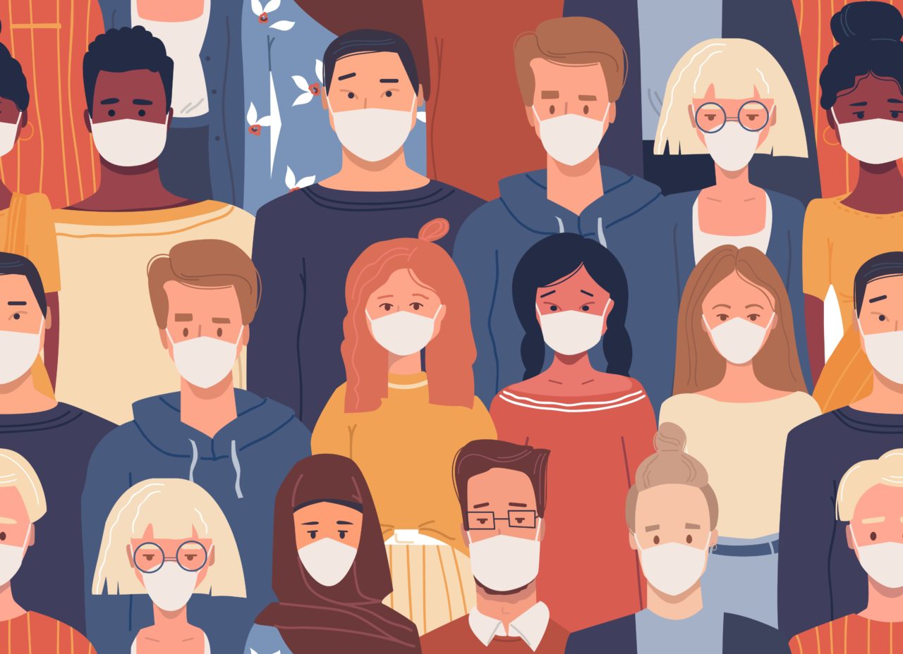 Illustrasjon med mange ulike mennesker med ulike utseende med masker