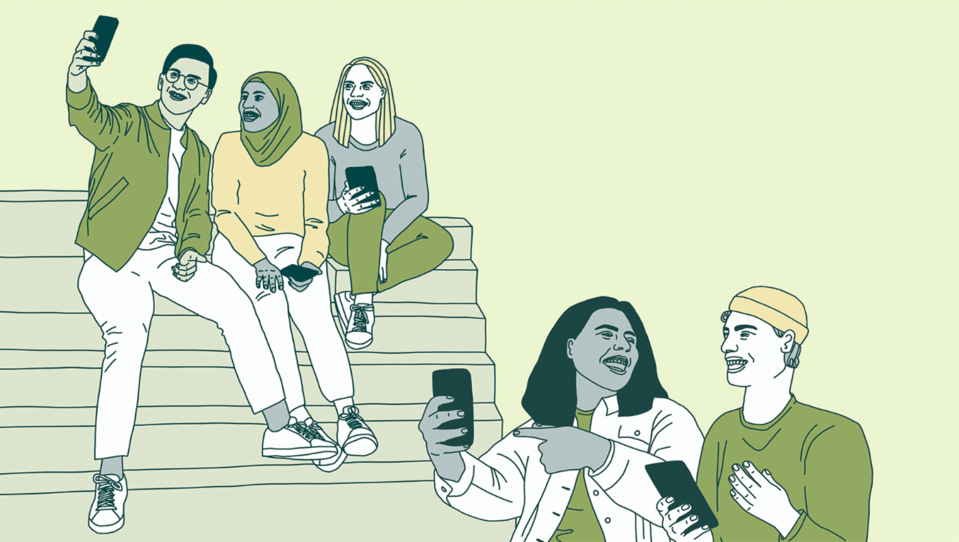Grafikk av ungdom som sitter i en trapp og tar bilde av seg selv med mobilen.